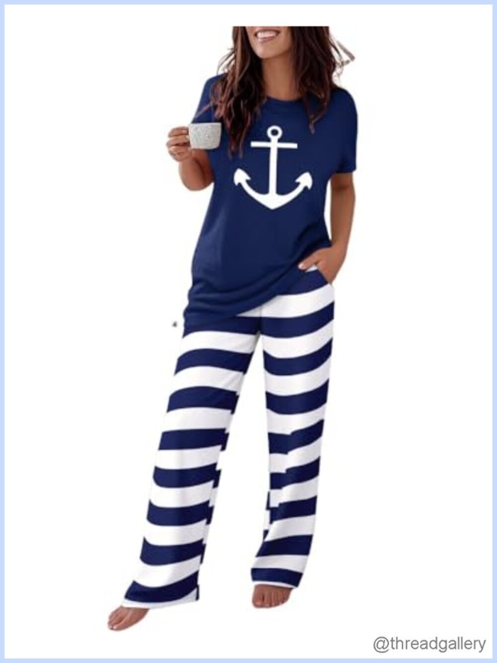 2 Piece Pajama Set Short Sleeve Anchor Print Top Wide Leg Pants Loungewear